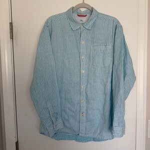 Tommy Bahama Relax Blue & White Striped Linen Button-Down Shirt Coastal Summer